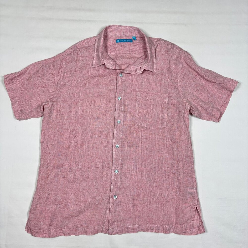 Tori Richard Mens L Pink 100% Linen Short Sleeve Button Camp Hawaiian Shirt